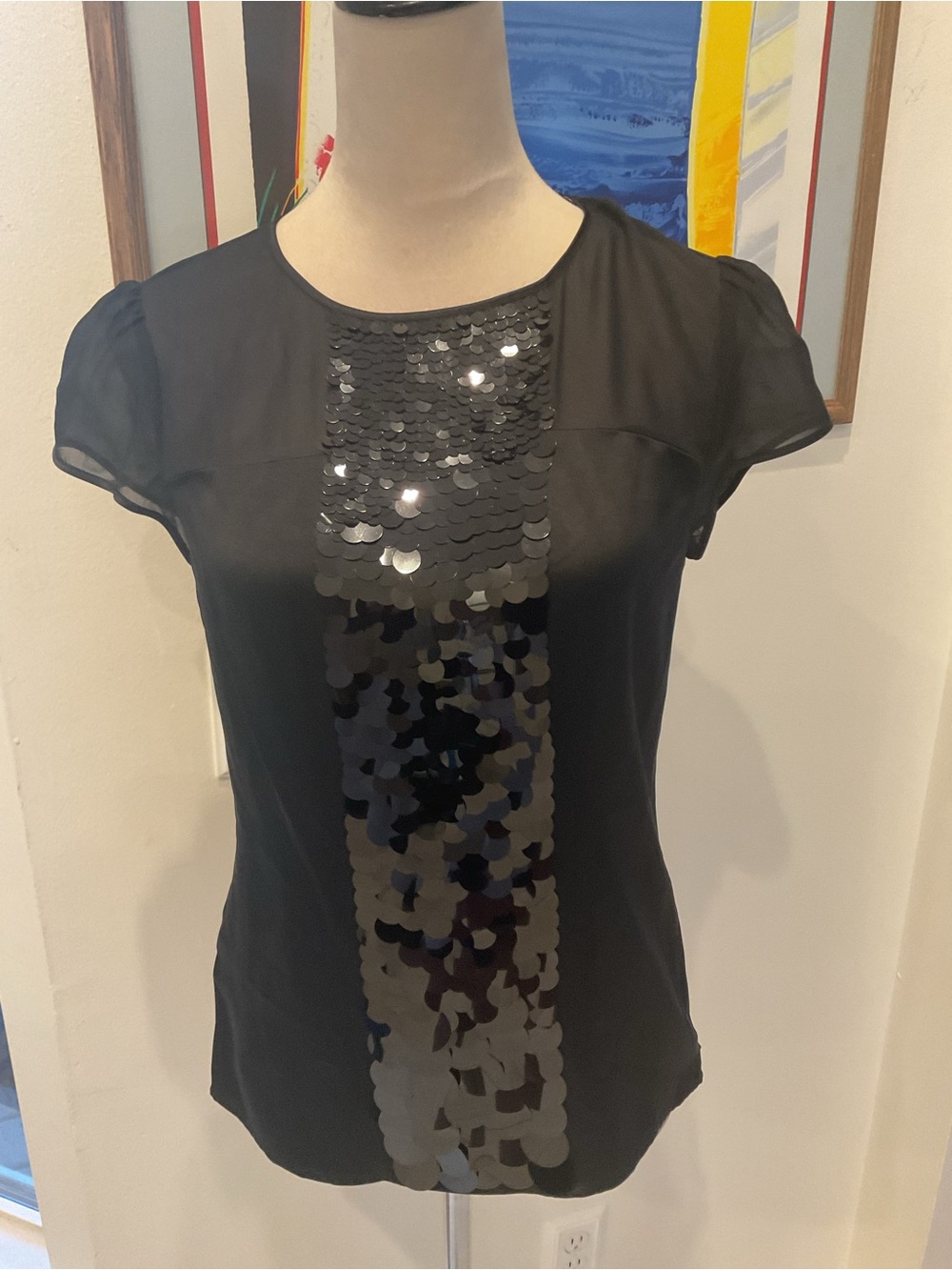 Ann Taylor Black Short-Sleeve Sparkle Blouse